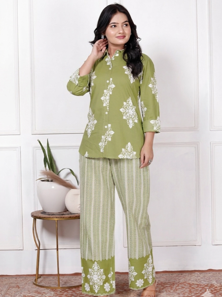 Olive Green Floral & Geometric Printed Cotton Co-Ord Set