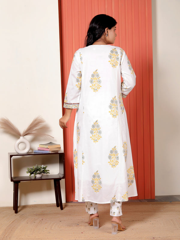 Women White, Grey & Yellow Printed Cotton A-Line Kurta Set with Dupatta