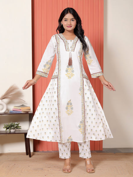 Women White, Grey & Yellow Printed Cotton A-Line Kurta Set with Dupatta