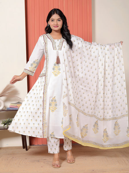 Women White, Grey & Yellow Printed Cotton A-Line Kurta Set with Dupatta