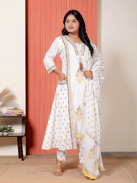 Women White, Grey & Yellow Printed Cotton A-Line Kurta Set with Dupatta