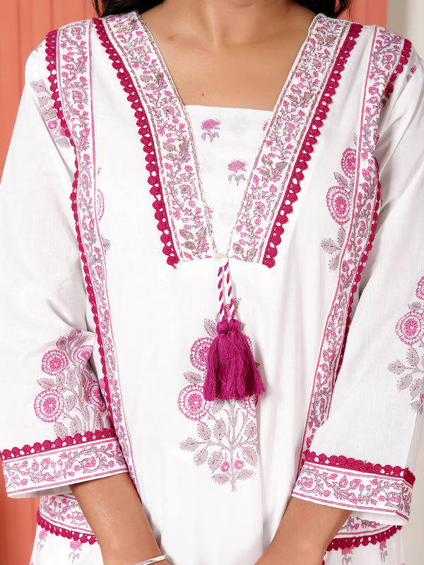 Women White & Magenta Pink Floral Printed Cotton A-Line Kurta Set with Dupatta