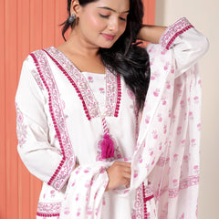 Women White & Magenta Pink Floral Printed Cotton A-Line Kurta Set with Dupatta