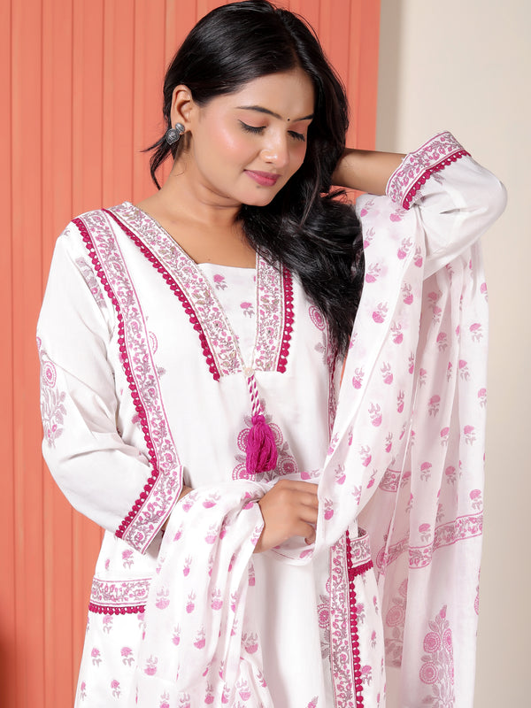 Women White & Magenta Pink Floral Printed Cotton A-Line Kurta Set with Dupatta