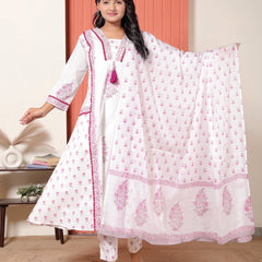 Women White & Magenta Pink Floral Printed Cotton A-Line Kurta Set with Dupatta