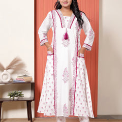 Women White & Magenta Pink Floral Printed Cotton A-Line Kurta Set with Dupatta