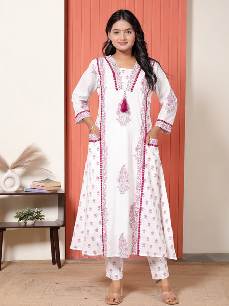 Women White & Magenta Pink Floral Printed Cotton A-Line Kurta Set with Dupatta