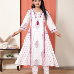 Women White & Magenta Pink Floral Printed Cotton A-Line Kurta Set with Dupatta