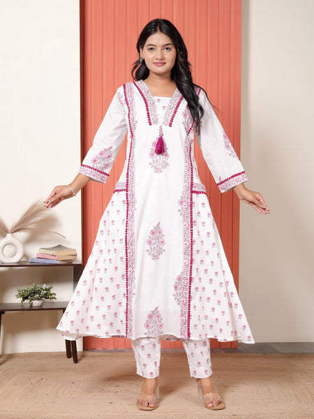 Women White & Magenta Pink Floral Printed Cotton A-Line Kurta Set with Dupatta