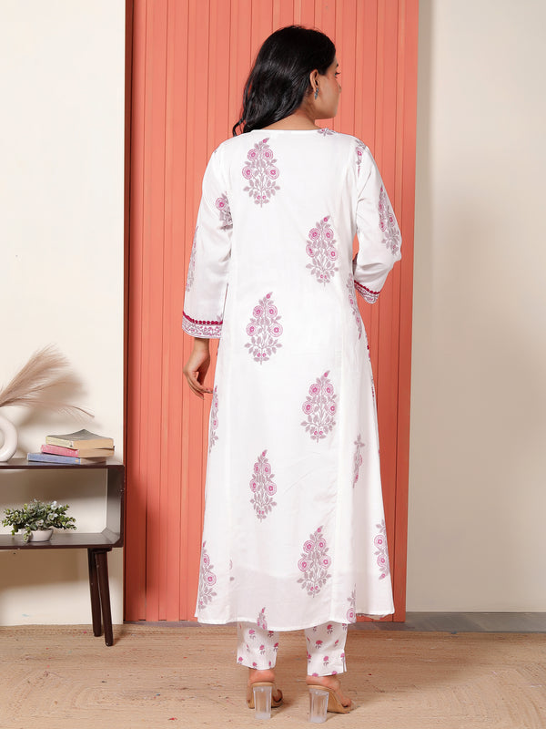 Women White & Magenta Pink Floral Printed Cotton A-Line Kurta Set with Dupatta