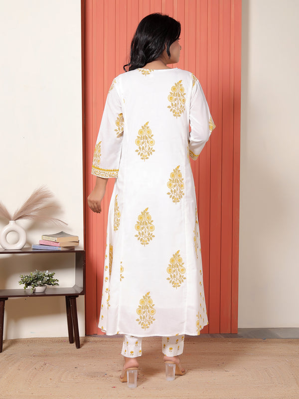 Women White & Mustard Yellow Printed Cotton A-Line Kurta Set with Dupatta