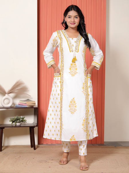 Women White & Mustard Yellow Printed Cotton A-Line Kurta Set with Dupatta