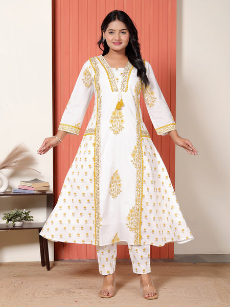 Women White & Mustard Yellow Printed Cotton A-Line Kurta Set with Dupatta