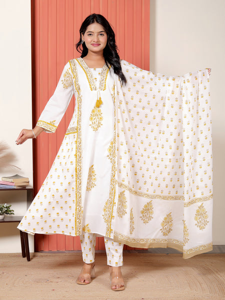 Women White & Mustard Yellow Printed Cotton A-Line Kurta Set with Dupatta