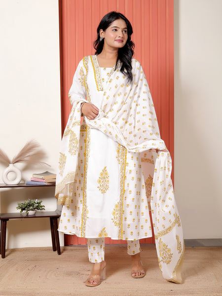Women White & Mustard Yellow Printed Cotton A-Line Kurta Set with Dupatta