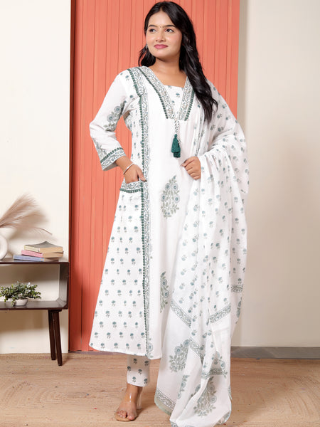 Women White & Sage Green Floral Printed Cotton A-Line Kurta Set with Dupatta