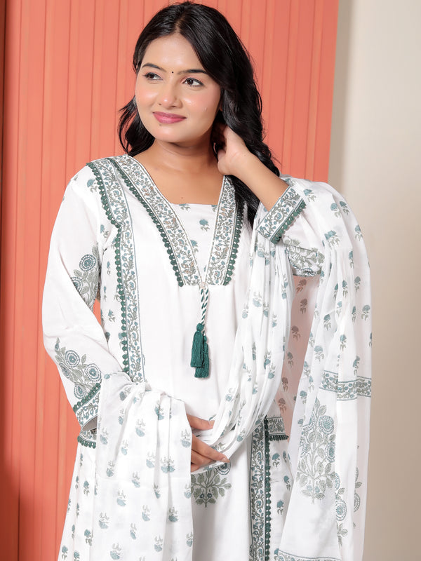 Women White & Sage Green Floral Printed Cotton A-Line Kurta Set with Dupatta