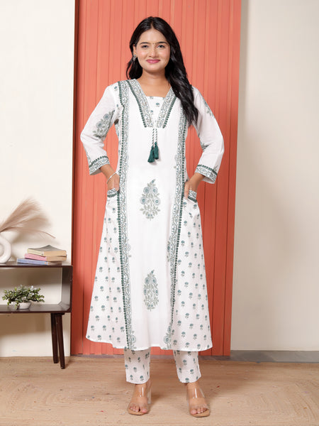 Women White & Sage Green Floral Printed Cotton A-Line Kurta Set with Dupatta