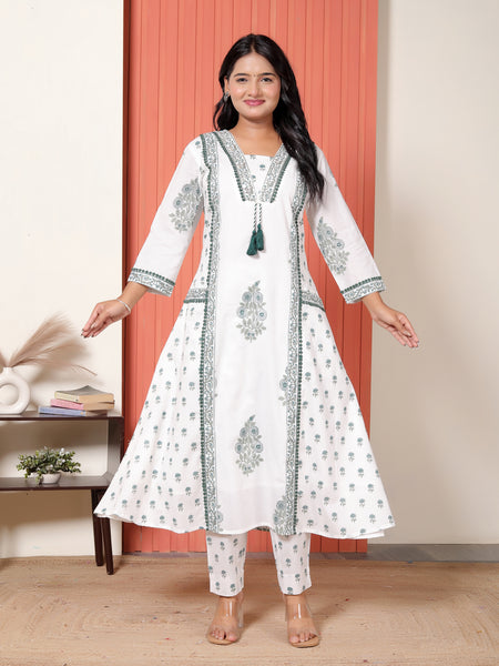 Women White & Sage Green Floral Printed Cotton A-Line Kurta Set with Dupatta