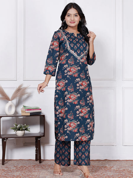 Women Nevy Blue Floral Printed Cotton Kurta Set with Dupatta