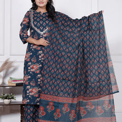 Women Emerald Green Floral Printed Cotton Kurta Set with Dupatta
