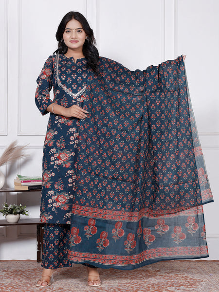 Women Nevy Blue Floral Printed Cotton Kurta Set with Dupatta