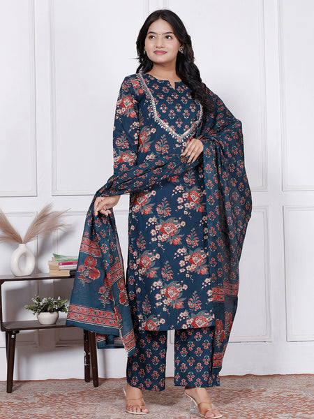 Women Nevy Blue Floral Printed Cotton Kurta Set with Dupatta
