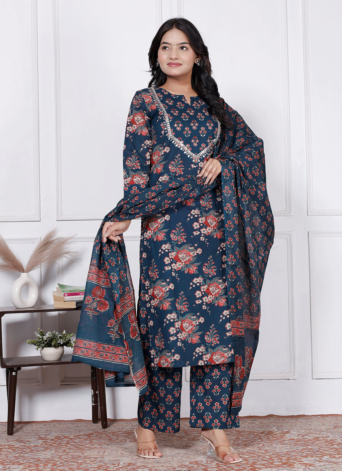 Women Floral Printed Cotton Kurta Set with Dupatta