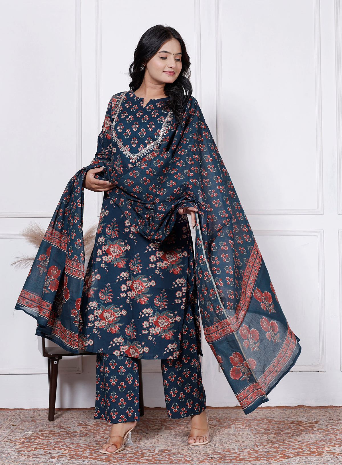 Women Floral Printed Cotton Kurta Set with Dupatta
