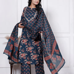 Women Nevy Blue Floral Printed Cotton Kurta Set with Dupatta