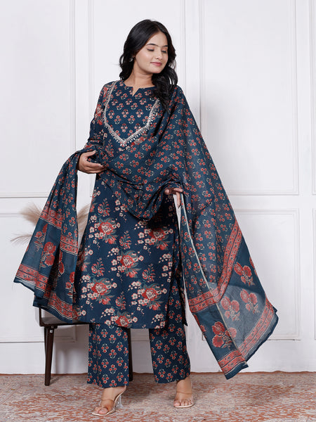 Women Nevy Blue Floral Printed Cotton Kurta Set with Dupatta