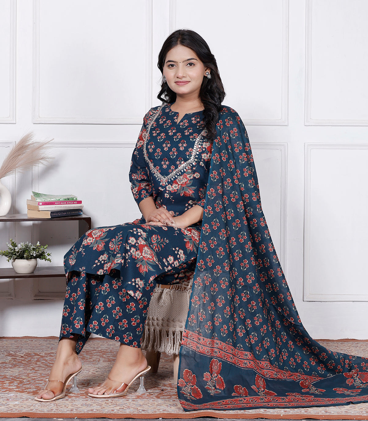 Women Floral Printed Cotton Kurta Set with Dupatta