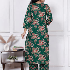 Women Emerald Green Floral Printed Cotton Kurta Set with Dupatta