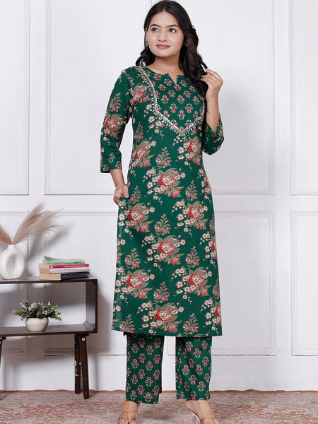 Women Emerald Green Floral Printed Cotton Kurta Set with Dupatta