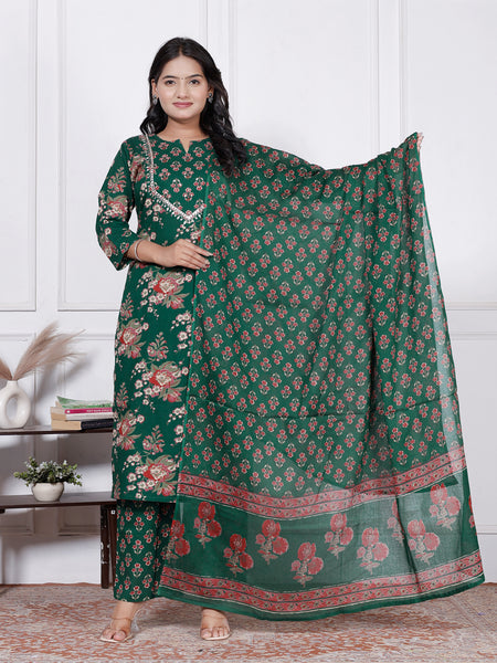 Women Emerald Green Floral Printed Cotton Kurta Set with Dupatta