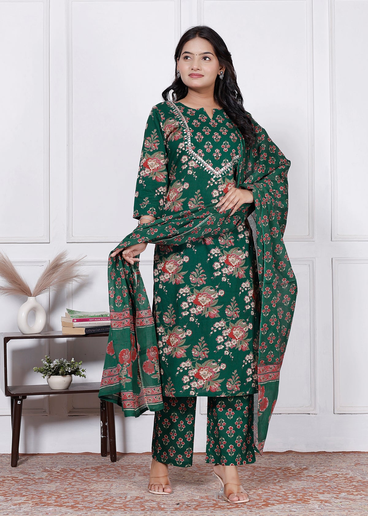 Women Floral Printed Cotton Kurta Set with Dupatta