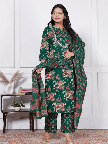 Women Emerald Green Floral Printed Cotton Kurta Set with Dupatta