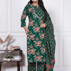 Women Nevy Blue Floral Printed Cotton Kurta Set with Dupatta