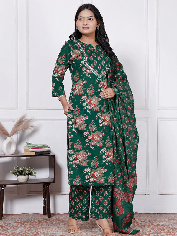 Women Nevy Blue Floral Printed Cotton Kurta Set with Dupatta