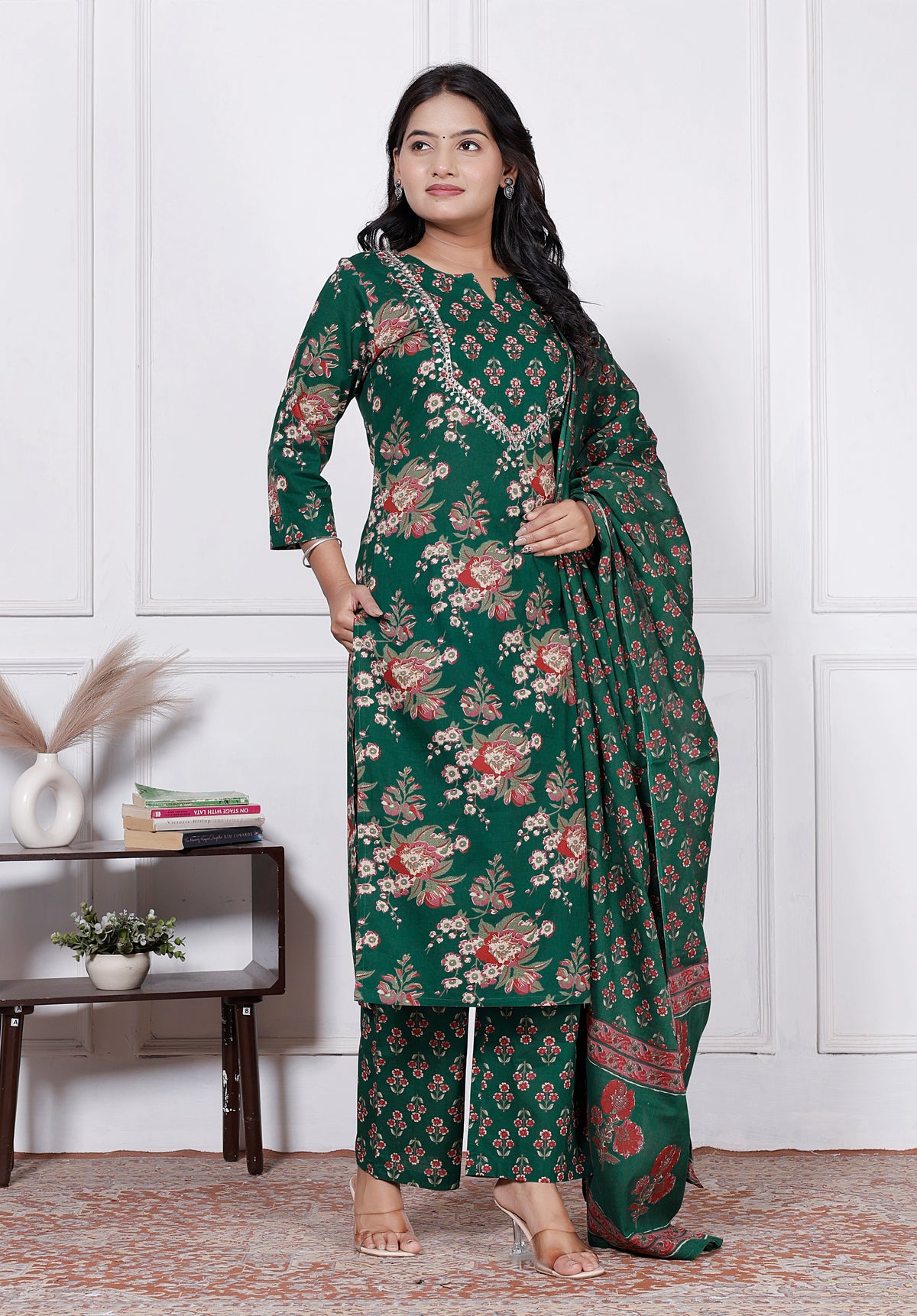 Women Floral Printed Cotton Kurta Set with Dupatta