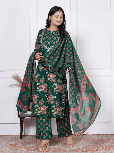 Women Emerald Green Floral Printed Cotton Kurta Set with Dupatta