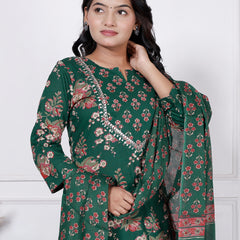 Women Nevy Blue Floral Printed Cotton Kurta Set with Dupatta