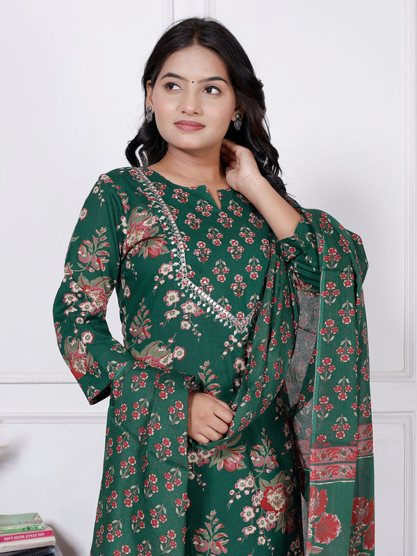 Women Nevy Blue Floral Printed Cotton Kurta Set with Dupatta