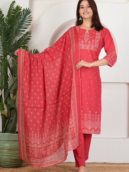 Brick Bandhani Print Cotton Kurta Set with Dupatta