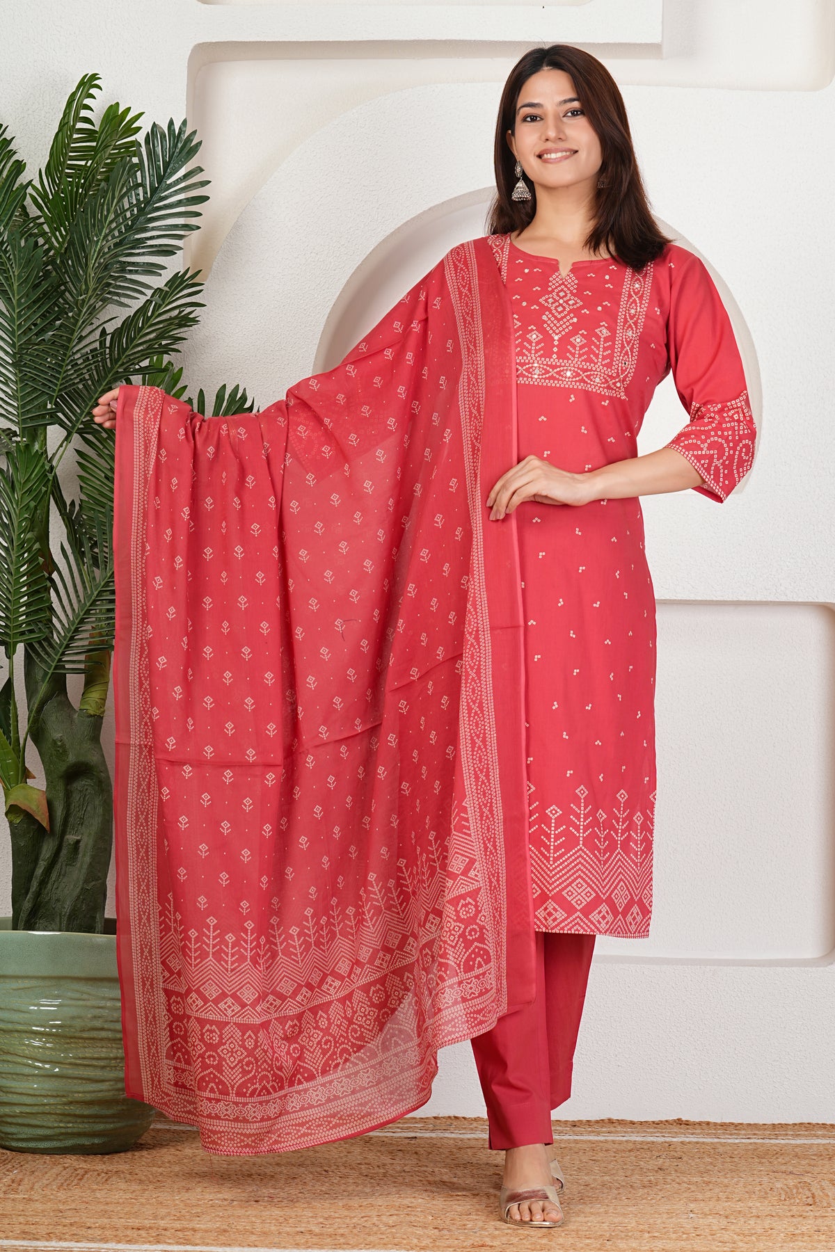 Bandhani Print Cotton Kurta Set with Dupatta
