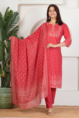 Brick Bandhani Print Cotton Kurta Set with Dupatta