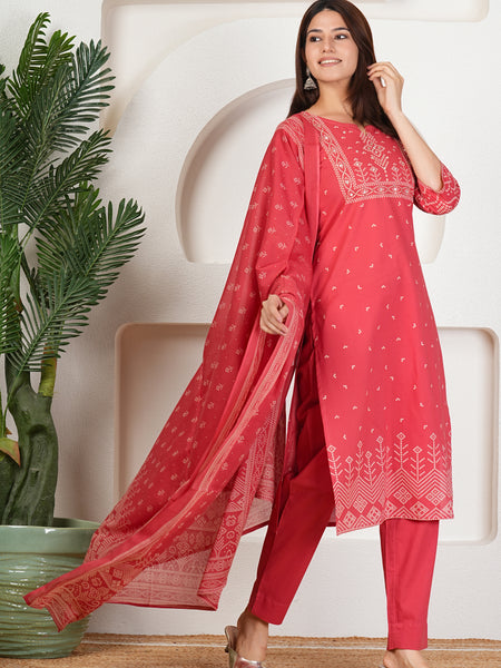 Brick Bandhani Print Cotton Kurta Set with Dupatta