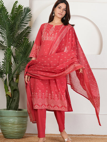 Brick Bandhani Print Cotton Kurta Set with Dupatta