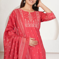 Brick Bandhani Print Cotton Kurta Set with Dupatta