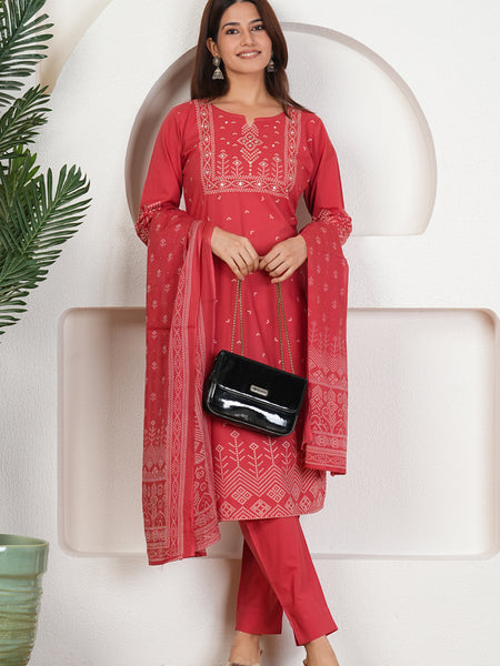Brick Bandhani Print Cotton Kurta Set with Dupatta